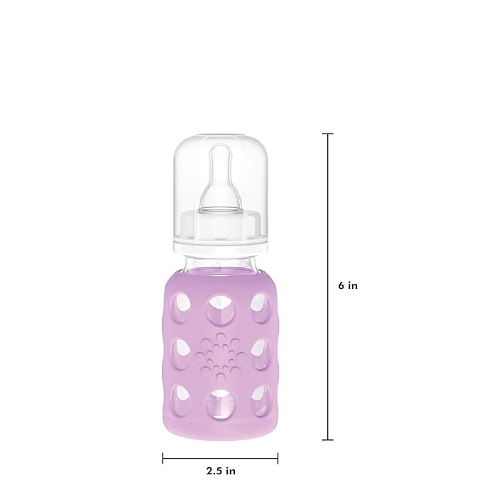 Lifefactory 4-Ounce BPA-Free Glass Baby Bottle with Protective Silicone Sleeve and Stage 1 Nipple, Lilac