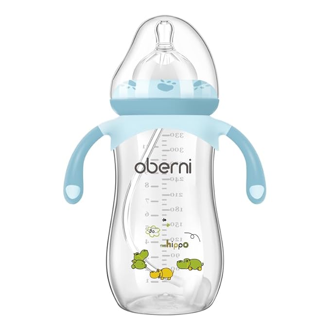 Oberni Toddler Milk Bottle 330ml/11oz, Anti-Colic Baby Bottle with Fast Variable Flow Nipple for 12 Months, Weigthed Straw, Non-Slip Handle, Blue/1Pack