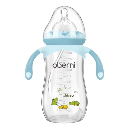 Oberni Toddler Milk Bottle 330ml/11oz, Anti-Colic Baby Bottle with Fast Variable Flow Nipple for 12 Months, Weigthed Straw, Non-Slip Handle, Blue/1Pack