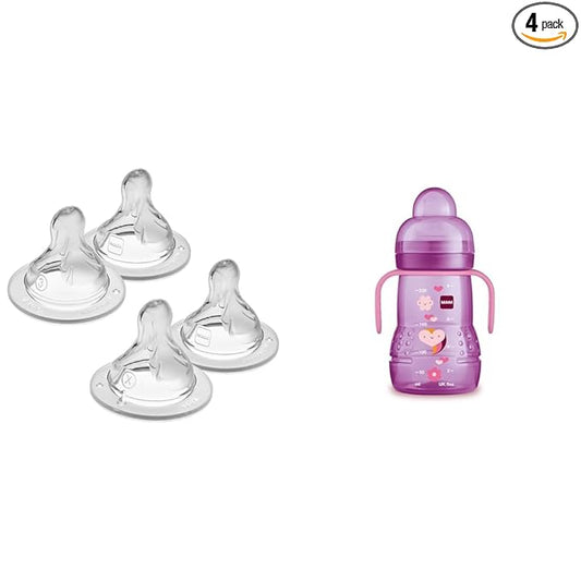 MAM Bottle Nipples Mixed Flow 4 Pack and MAM 8 oz Trainer Cup for Babies
