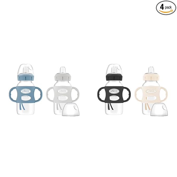 Dr. Brown's Milestones Wide-Neck Sippy Spout Bottle Bundle with Silicone Handles, Soft Sippy Spout, 9oz, 2-Packs in Light-Blue & Gray and Black & Ecru, 6m+