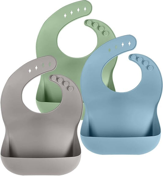 Cuddle Campus Set of 3 Silicone Bibs for Babies & Toddlers,Soft Adjustable Bibs with Pocket Food Catcher for Baby Girl,Boy