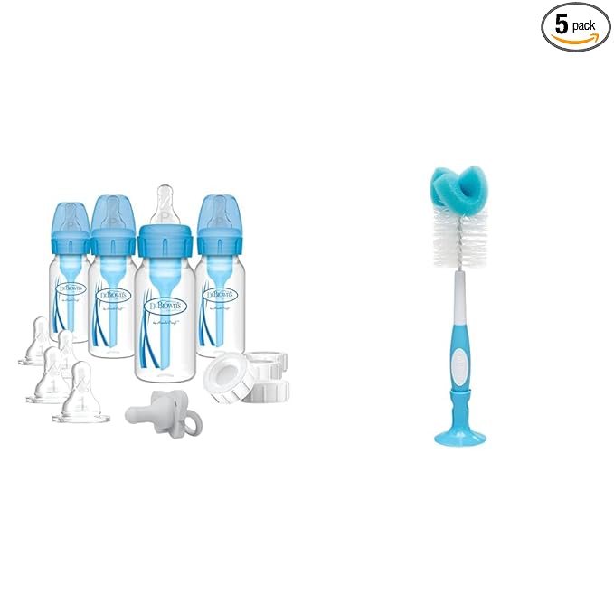 Dr. Brown's Natural Flow Anti-Colic Options+ Narrow Breast to Bottle Pump & Store Feeding Set with S & Reusable Sponge Baby Bottle Cleaning Brush with Suction Cup Stand