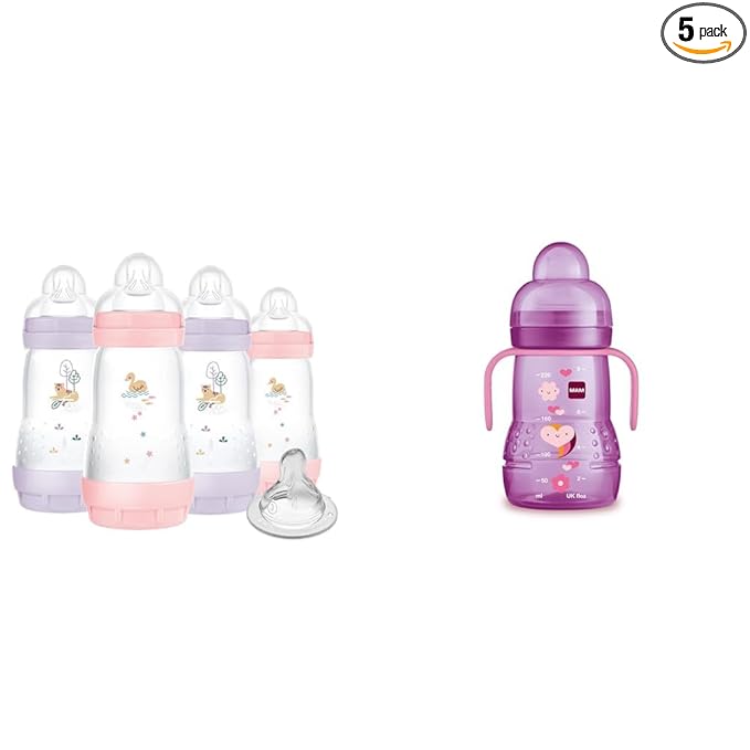 9 oz MAM Anti-Colic Bottle 4 Pack with Bonus Nipple & 8 oz MAM Trainer Cup with Extra-Soft Spout for Girls