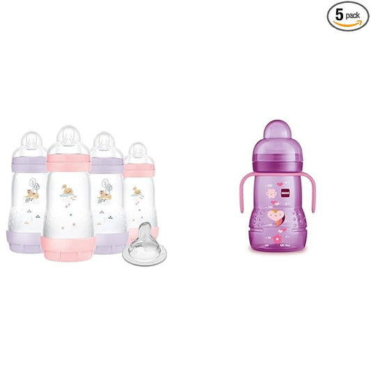 9 oz MAM Anti-Colic Bottle 4 Pack with Bonus Nipple & 8 oz MAM Trainer Cup with Extra-Soft Spout for Girls