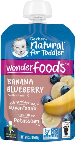 Gerber Stage 2 Baby Food, Banana Blueberry Puree Pouch, 2 Servings of Fruit, No Added Sweetener, No Artificial Colors or Flavors (Pack of 3)