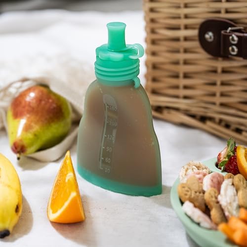 Everusely Reusable Baby Food Pouches for Toddlers - 2 Pack, 6 oz/180 ml, Green - Squeezable Silicone Food Pouch - Refillable, Leakproof, Spill Proof Puree Containers - BPA Free - Dishwasher Safe