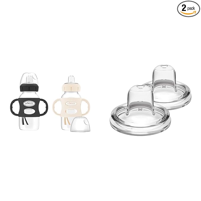 Dr. Brown's Milestones Wide-Neck Sippy Spout Bottle with 100% Silicone Handles, Easy-Grip Handles & Options+ Wide-Neck Baby Bottle Sippy Spout, 2Count