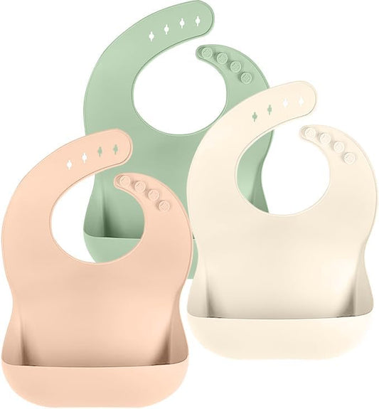 Cuddle Campus Set of 3 Silicone Bibs for Babies & Toddlers,Soft Adjustable Bibs with Pocket Food Catcher for Baby Girl,Boy