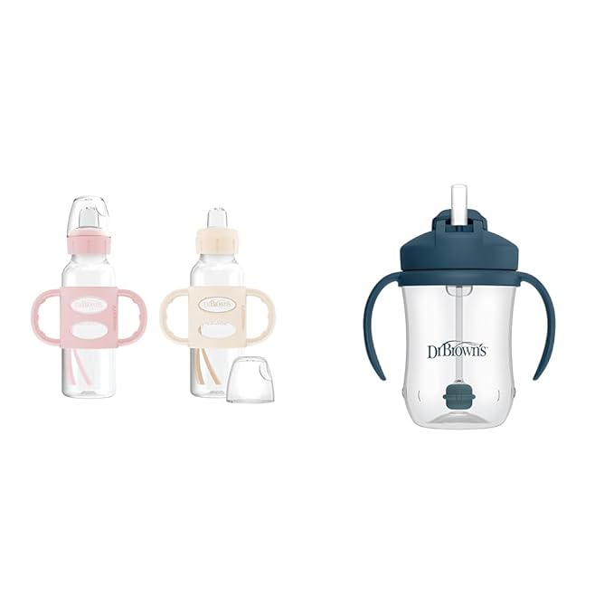 Dr. Brown's Milestones Narrow Sippy Spout Bottle with 100% Silicone Handles, Easy-Grip Handles & Milestones Baby’s First Straw Cup, Training Cup with Weighted Straw, Dark Blue, 6m+