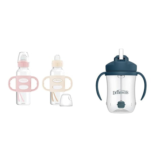 Dr. Brown's Milestones Narrow Sippy Spout Bottle with 100% Silicone Handles, Easy-Grip Handles & Milestones Baby’s First Straw Cup, Training Cup with Weighted Straw, Dark Blue, 6m+