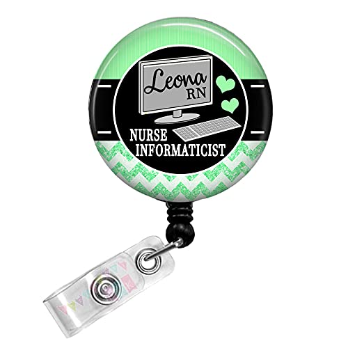 Nursing Informaticist - Computer - Mint Chevron - Personalized - Button Badge Reel - BR0628
