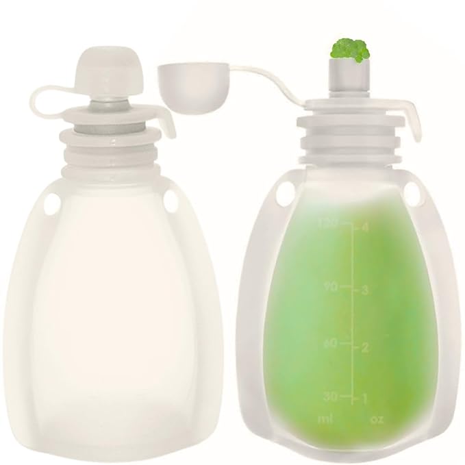 Reusable Silicone Food Pouch for Baby and Toddlers, Squeezable Pouch, Squeeze Pouch, Easy Clean Silicone Pouch for Pre-K and School, Homemade Baby Food Storage, 4oz (White 2 Pack)