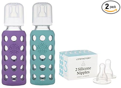 Lifefactory 9oz Glass Baby Bottle 2pk Bundle with 2 Stage 3 Nipples (Grape/Kale)