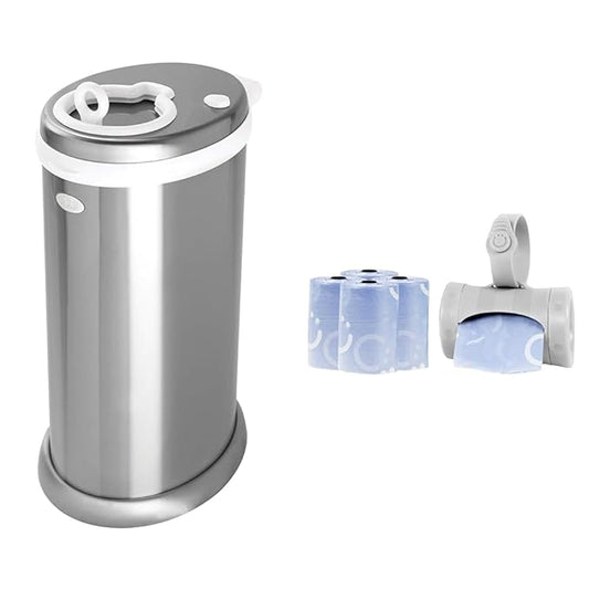 Ubbi Steel Diaper Pail, Odor Locking, No Special Bag Required & On The Go Gray Bag Dispenser with Lavender Scented Refills Baby Bundle