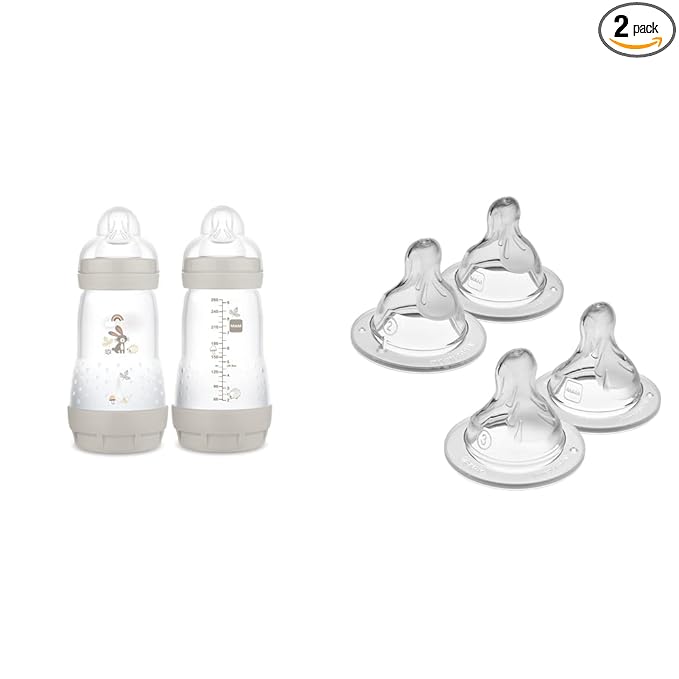 MAM Easy Start Matte Anti-Colic Baby Bottles, 9 oz (2 Count), Medium Flow Nipples, Unisex Baby & Bottle Nipples Mixed Flow Pack - Medium Flow Nipple Level 2 and Fast Flow Nipple Level 3