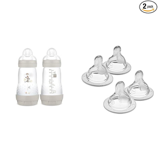 MAM Easy Start Matte Anti-Colic Baby Bottles, 9 oz (2 Count), Medium Flow Nipples, Unisex Baby & Bottle Nipples Mixed Flow Pack - Medium Flow Nipple Level 2 and Fast Flow Nipple Level 3