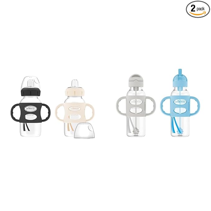 Dr. Brown's Milestones Wide-Neck Sippy Spout Bottle with 100% Silicone Handles, Easy-Grip Handles & Milestones Narrow Sippy Straw Bottle, Spill-Proof with 100% Silicone Handles