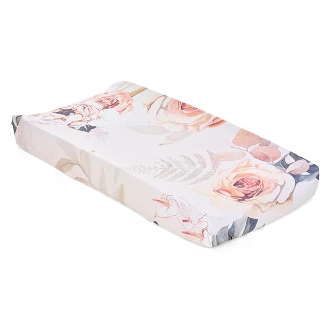 Oilo Changing Pad Cover, Breathable Organic Cotton Fitted Jersey, 300 Thread Count, Machine Washable, Fits Standard Changing Pads (32" x 16"), Girl, Boy, & Neutral Nursery Design, (Vintage Bloom)