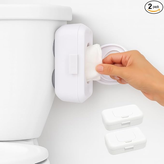 Loo 2-Pack Discreet Flushable Wipes Dispenser – Fits Standard Size Flushable Wipes Only – No-Drill Suction Mount Bathroom Holders with Lid for Toilet Tank, Tile, or Mirror