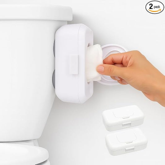Loo 2-Pack Discreet Flushable Wipes Dispenser – Fits Standard Size Flushable Wipes Only – No-Drill Suction Mount Bathroom Holders with Lid for Toilet Tank, Tile, or Mirror