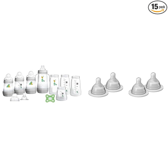 MAM Grow with Baby 15-Piece Gift Set, Newborn 0-4 Months, Anti-Colic Bottles and Silicone Nipples, Extra Slow Flow Nipple Size 0, for Newborn Babies and Older