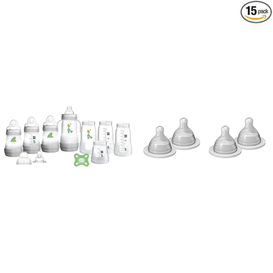 MAM Grow with Baby 15-Piece Gift Set, Newborn 0-4 Months, Anti-Colic Bottles and Silicone Nipples, Extra Slow Flow Nipple Size 0, for Newborn Babies and Older