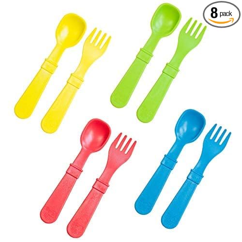Re-Play Toddler Forks and Spoons Set - 4x4 Utensils Set for Kids - Dishwasher and Microwave Safe - Made in USA - Set of 8-5.8" x 1.2" x 0.2", Sky Blue