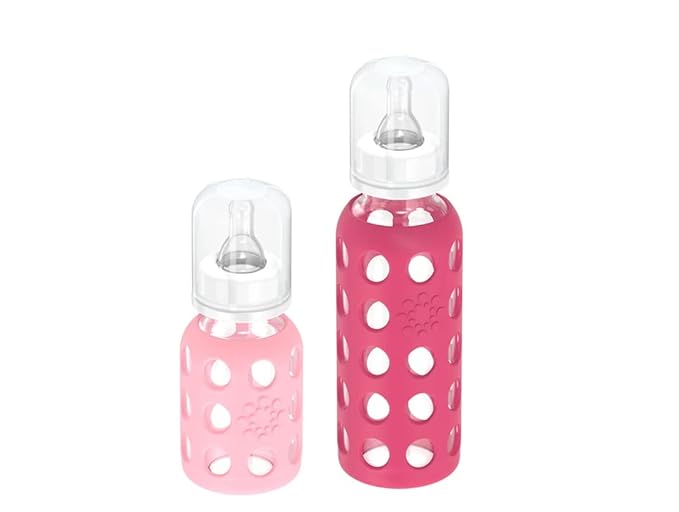Lifefactory Glass Baby Bottle BPA Free | Protective Silicone Sleeve| 4 oz & 9 oz Pack of 4 | Pink & Raspberry