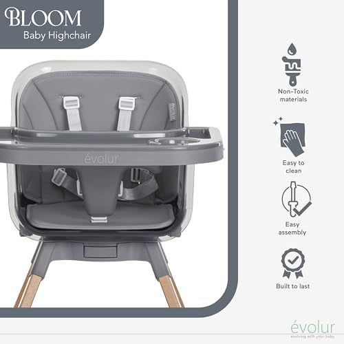 Evolur 360° Bloom Highchair, Rotating, Convertible Baby Feeding Chair with Adjustable Height, Removable Tray, Easy to Clean, Stylish & Space-Saving for Newborns & Toddlers - Storm Gray