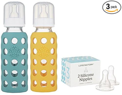 Lifefactory 9oz Glass Baby Bottle 2pk Bundle with 2 Stage 3 Nipples (Kale/Mango)