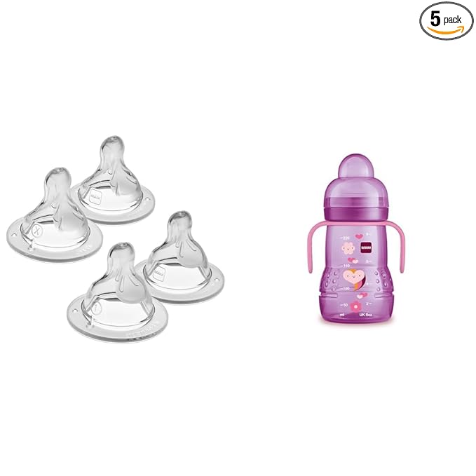 MAM Bottle Nipples Level 0 & 1 Extra Slow & Slow Flow 4 Pack and 8 oz Trainer Cup with Spill-Free Nipple & Extra Soft Spout