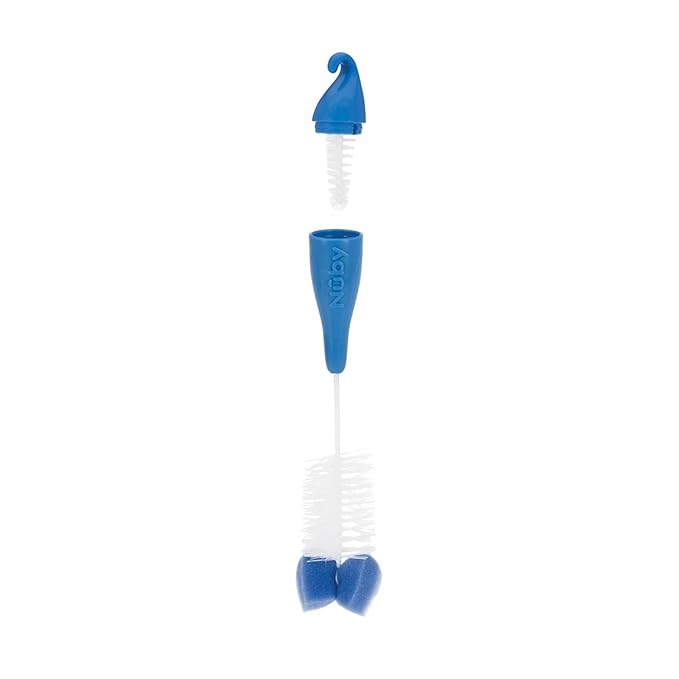 Nuby Bottle and Nipple Brush with Bristles and Sponge Tip | 3 Pack: Aqua, Blue, Green | Hanging Handle with Hook for Drying