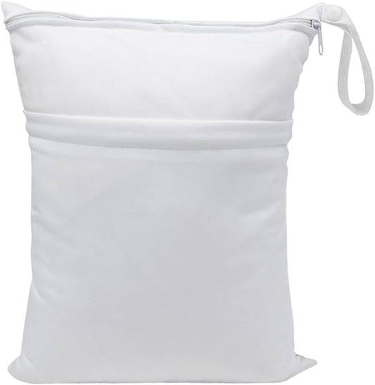 Wet Dry Bag for Baby Cloth Diapers, Waterproof Reusable with Two Zippered Pockets Travel Beach Pool Daycare Soiled Baby Items Yoga Gym Bag for Swimsuits or Wet Clothes(White)
