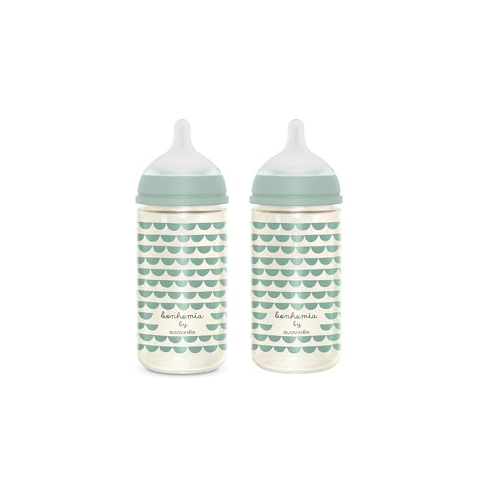 Suavinex Bonhomia Glass Baby Bottle with SX PRO Silicone Nipple, Anti Colic Baby Bottles, Baby Bottles for Breastfed Babies, 2 Pack 8 oz, Mint