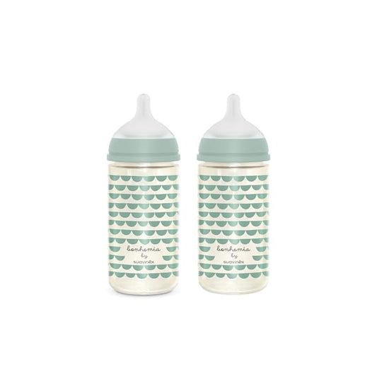 Suavinex Bonhomia Glass Baby Bottle with SX PRO Silicone Nipple, Anti Colic Baby Bottles, Baby Bottles for Breastfed Babies, 2 Pack 8 oz, Mint