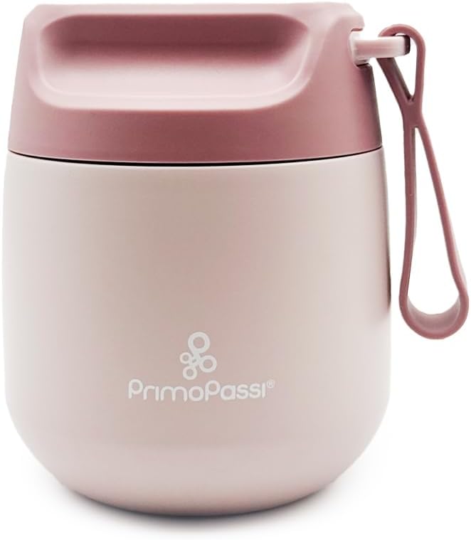 Primo Passi Insulated Food Jar for Kids & Babies – 12 oz /350 ml Stainless Steel Thermal Food Container with Easy-Open Lid & Silicone Carry Strap – Keeps Food Hot or Cold for Up to 8 Hours, Light Pink