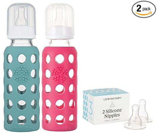Lifefactory 9oz Glass Baby Bottle 2pk Bundle with 2 Stage 3 Nipples (Kale/Raspberry)
