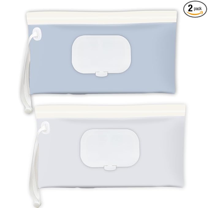 Baby Wipes Holder 2 Pack, Wipes Container & Wet Wipes Dispenser, Travel Wipes Case Reusable Wipes Pouch, Portable Wipe Holder for Diaper Bag, Blue & Beige