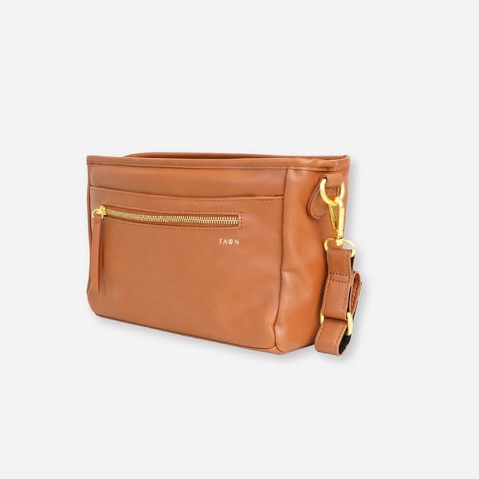 FAWN DESIGN The Stroller Caddy, Premium Matte Faux Leather Stroller Organizer with Cup Holder, Brown Diaper Bag with Adjustable Stroller Straps, 2 Exterior Pockets 1 Zipper Pocket, 14x 5x 7 inches