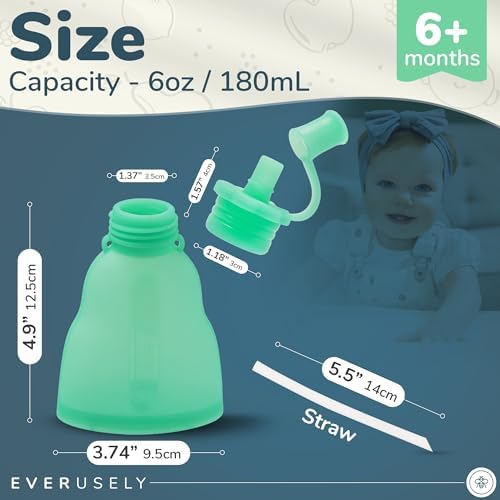 Everusely Reusable Baby Food Pouches for Toddlers - 2 Pack, 6 oz/180 ml, Green - Squeezable Silicone Food Pouch - Refillable, Leakproof, Spill Proof Puree Containers - BPA Free - Dishwasher Safe