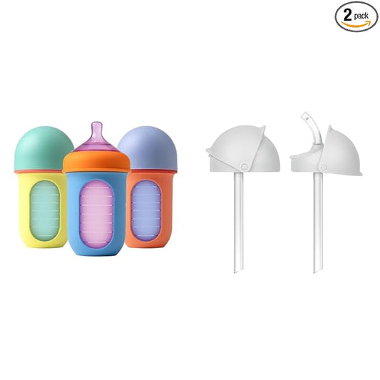 Boon Nursh Reusable Baby Bottle with Silicone Pouch Design Bundle - Stage 2 Medium Flow 8 Oz Baby Bottles, Silicone Straw Sippy Cup Conversion Lids for Nursh Bottles - 2 Count
