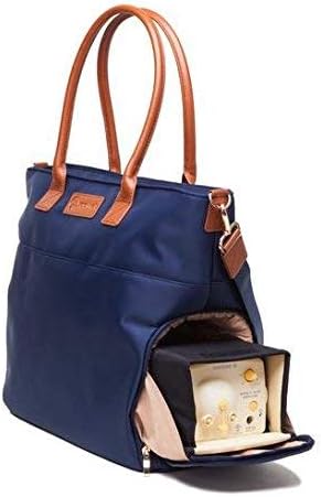 Sarah Wells Abby Breast Pump Tote with Real Leather Straps – Stylish Pumping Bag with Insulated Pockets, Laptop Storage & Easy-Clean Interior – Professional Breast Pump Bag for Work & Travel (Navy)