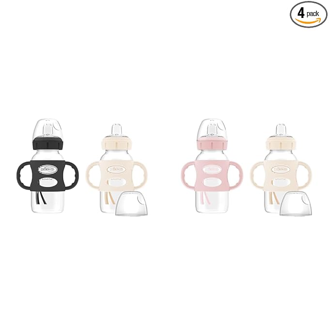 Dr. Brown's Milestones Wide-Neck Sippy Spout Bottle Bundle with Silicone Handles, Soft Sippy Spout, 9oz, 2-Packs in Black/Ecru and Light Pink/Ecru, 6m+