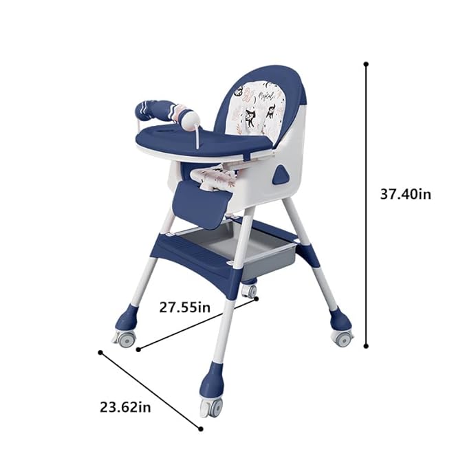 4-in-1 Baby High Chair for Babies & Toddlers, Foldable High Chair with Detachable PU Cushion, Removable Tray, Adjustable Height, Locking Wheels,Blue