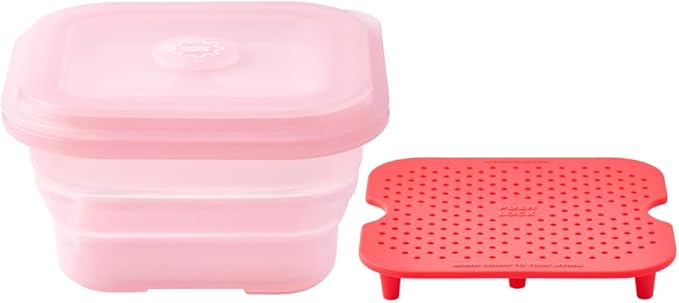 PushLock Collapsible Food Storage Container&Smart Cooking Steam Tray, Space-Saving, Platinum Silicone, Microwave&Freezer&Dishwasher Safe, for Cooking&Leftovers, BPA-Free, 60oz per Unit (PINK&RED)