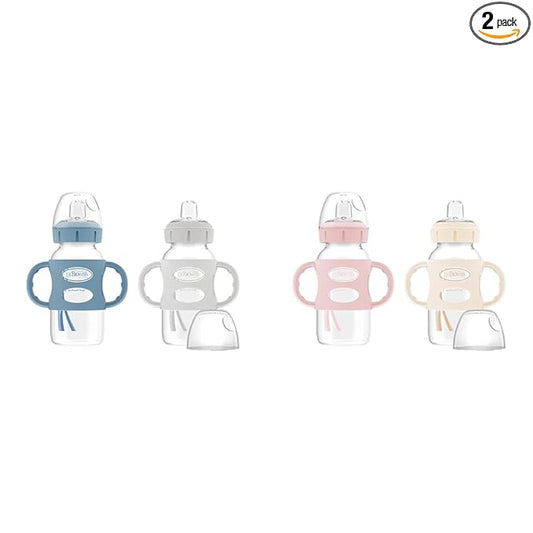 Dr. Brown's Milestones 9oz Wide-Neck Sippy Spout Bottle 2-Pack with Silicone Handles, Soft Sippy Spout, Light Blue & Gray and Light Pink & Ecru, 6m+