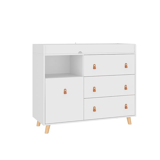 Changing Table Dresser, Baby Nursery Dresser with 3 Drawers and Shelf, Top Guardrail and Large Storage Cabinet, Hidden Trash Storage, Baby Changing Dressers for Nursery Room, White