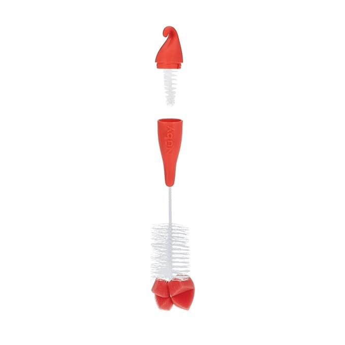 Nuby Bottle and Nipple Brush with Bristles and Sponge Tip | 3 Pack: Aqua, Coral, Lime Green| Hanging Handle with Hook for Drying