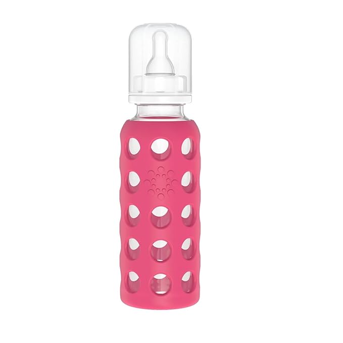 Lifefactory Glass Baby Bottle BPA Free | Protective Silicone Sleeve | 9 oz Pack of 4 | Raspberry, Papaya, Kale, Grape